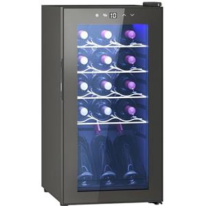 HOMCOM Cantinetta Vino Refrigerata 15 Bottiglie 44L Cantina Vino Monotemperatura 5-18℃ Cantina Vino Bar con Vetro Anti UV, Compressore, Ripiani Regolabile, Display Touch, Luci LED, Classe G, Nero