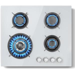 TopStrong Piano Cottura 4 Fuochi Gas, TopStrong Piano Cottura Vetro Incasso Bianco, Fornello Gas Vetro Bianco, Protezione Flame-Out, 8060W