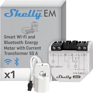 Shelly EM Gen3 + Trasformatore di Corrente da 50A, Misuratore di Energia Smart Wi-Fi con Relè di Controllo Contattore, Domotica, Alexa e Google, Nessun Hub Richiesto, Monitoraggio dei Consumi
