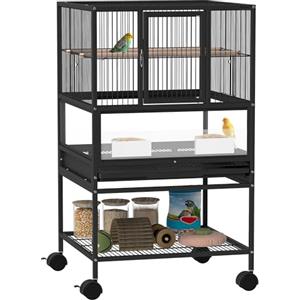 PawHut Gabbia per Uccelli a Rotelle con Ripiano Inferiore, Vassoio e Griglia Rimovibili, Gabbietta per Uccelli in Acciaio e PP, 48x46x83 cm, Nero