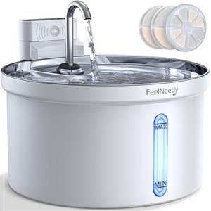 FEELNEEDY Fontanella per Gatti senza Fili a Batteria 4000mAh con Sensore di Movimento 3,5L Fontana con Rubinetto Distributore di Acqua per Animali Domestici Silenziosa, Vassoio in Inox