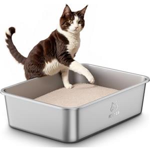 ICOYEA Lettiera Acciaio Inox per Gatti, Lettiera Grande Aperta per Gatto Grandi, Piccoli e Conigli, Lettiere Gatto per Gatti Antiaderente, Facile da Pulire, Sabbiera XXL Alta, Antiodore e Spaziosa