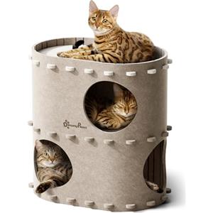 DownyPaws Cuccia per Gatti in Pelliccia, Letto a 2 Piani Casetta per Gatti 50x33x50 cm, Castello per Giocare, Design Accogliente, Protezione per le Unghie, Beige