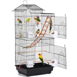 Yaheetech Gabbia Voliera per Uccelli Pappagalli Inseparabili Calopsite Parrocchetti in Metallo e Legno Nera con Giocattoli 46 x 35,5 x 99 cm