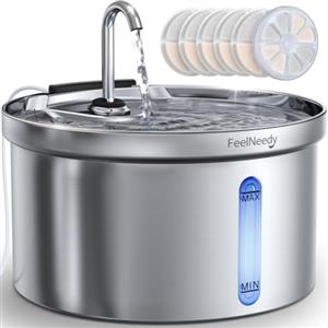FEELNEEDY Fontanella Per Gatti In Acciaio Inox FEELNEEDY - Fontana 3,5L, Ultra Silenziosa, Filtrazione a 3 Stadi, Include 6 Set Filtri + Alimentatore USB