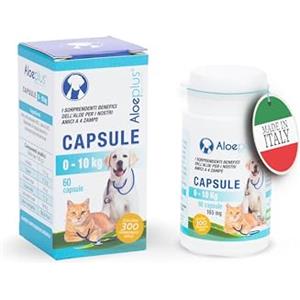 ALOEPLUS Gatti e Cani Capsule-Alimento Complementare Energetico, Disintossicante con Aloe Arborescens BIO, Rafforza le Naturali Difese di Gatti e Cani Anziani e Cuccioli, Contro inappetenza,60 capsule