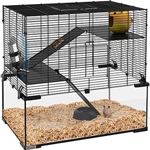 PawHut Gabbia per Criceti, Gabbietta per Criceti, Gerbilli e Piccoli Animali in Filo d'acciaio e Vetro con Ruota, Piattaforme, Rampe, Base Rimovibile, Beverino e Mangiatoia, 60x40x54.5cm, Nero