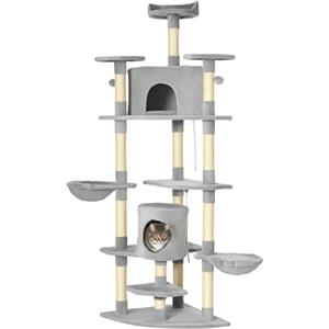 PawHut Albero Tiragraffi per Gatti Alto 200cm con Pali in Sisal, Casette e Amache in Legno Truciolare e Peluche, 60x60x200cm, Grigio Chiaro