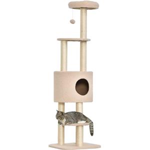 PawHut Albero Tiragraffi Robusto per Gatti con 5 Livelli, Cuccia, Casetta, Giochi e Corda Sisal, Beige, Max 30kg
