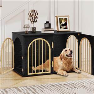Hzuaneri 100cm Gabbia per Cani, Tavolo Supplemento, Cuccia Moderna per Cani Interno, Kennel cane Medio, Casetta per Animali, 3 porte, Porta ad arco, 60 x 100 x 63 cm, Oro Nero DFC84104A