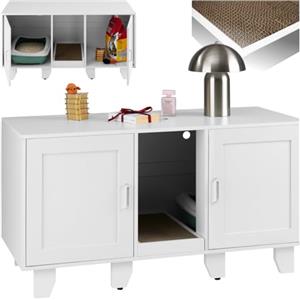 tectake® Mobile lettiera gatto chiusa a due ante, ingresso centrale, tappetino tiragraffi, mobiletto lettiera gatto, armadietto per lettiera gatti, ante magnetiche - 120 x 52 x 65 cm - Bianco