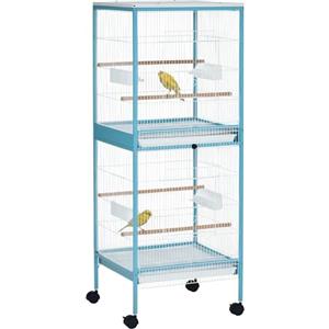 PawHut Gabbia per Uccelli 2 in 1 Voliera per Interni con 4 Ruote Girevoli, Vassoi Estraibili e Contenitori in Plastica, 51.5x50x140 cm, Azzurra