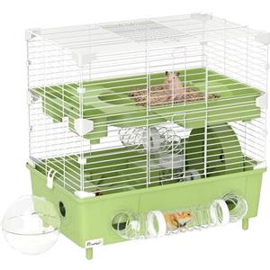 PawHut Gabbietta per Criceto a 2 Livelli e 3 Porte con Ruota, Lettiera e Tubi di Gioco, Gabbia per Animali in Acciaio, PS e PP, 44.5x28x44 cm, Verde e Bianco
