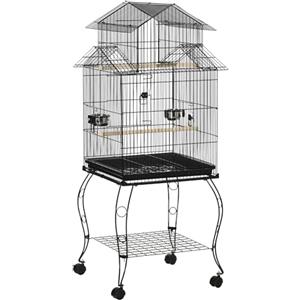 PawHut Gabbia per Uccelli da Interni in Acciaio e Legno con Vassoio Estraibile, 4 Ruote, Trespolo e Contenitore per Alimenti, 50x49x137cm, Nero