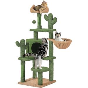Yaheetech Tiragraffi Cactus per Gatti Altezza 135 cm Albero con Trespolo Piattaforma Cesto Casetta Scalaetta Pompon Gioco Giocattolo Verde e Marrone