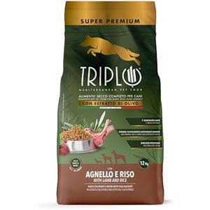 TRIPLO TerComposti - Triplo Pet Food Agnello e Riso 12kg, Ideale per Adulti di Tutte le Razze, Pelo Lucido e Folto, Crocchette Cani con Estratto di Olivo, Cibo per Cani Secco Nutriente e Bilanciato