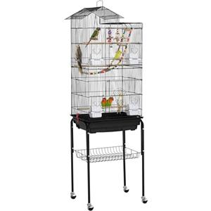 Yaheetech Gabbia Voliera per Uccelli Pappagalli Calopsite Inseparabili con Piedistallo Ruote in Metallo Posatoi in Legno Giocattoli da Interno e Esterno Nera 46 x 35,5 x 158,5 cm