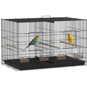 PawHut Gabbia per Uccelli con Divisorio e Ripiano Inferiore Portaoggetti, Gabbietta per Uccelli in Acciaio e PP con 4 Posatoi e 4 Mangiatoie, 94x57x57 cm, Nero