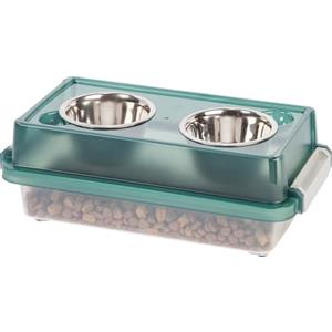 Iris Ohyama, Ciotola Rialzata con Supporto in Scatola di Plastica, 5L, Verde, Mangiatoia rialzata per Cane, Gatto, con Doppia Ciotola, Acqua, Cibo, Clip, Solida, Contenitore Crocchette, Senza BPA,FS-S