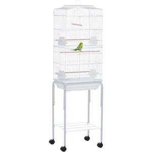 PawHut Gabbia per Uccelli, Voliera in Metallo e Acciaio con Ruote, Trespoli e Ciotole, 46.5x36x157cm, Bianco