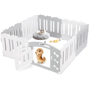 MAMIZO Recinto per Cani Interno Esterno alto 60cm, Box Cani 7+1 PCS Pannelli, Recinzione Gatti Pieghevole, Recinto Gatti in Plastica con Cancello, Incluse Ventose e Ancoraggi a Terra, Grigio-Bianco