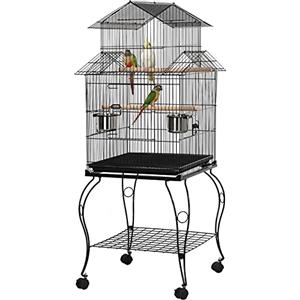 Yaheetech Gabbia Voliera per Uccelli Pappagalli Calopsite in Metallo e Legno con Piedistallo Carrello a Forma di Casa Nera 59,5 x 59,5 x 140 cm
