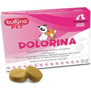 Buona Pet Dolorina Buona Pet Mangime Complementare per Cani e Gatti Con Boswellia, Salice Bianco, Acido Alfa Lipoico, Semi di Canapa e Ananas, Supporto alla Funzione Nocicettiva, 20 Compresse Appetibili