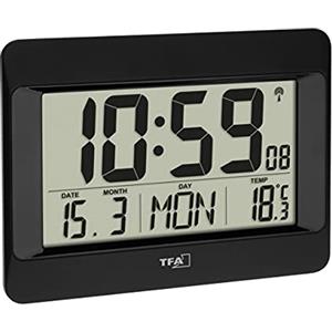 TFA Dostmann Orologio da parete digitale, 60.4519.01, radiocontrollato con temperatura, giorno della settimana (8 lingue) anche italiano, data, orologio da cucina, nero, plastica