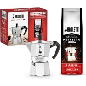 Bialetti Caffettiera Moka Express 6 Tazze, più Una Confezione da 250g di Perfetto Moka Classico, Adatta a induzione, 6 Tazze (250 ml), Alluminio, 0003545