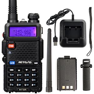 Retevis RT5R Walkie-Talkie, Doppia Banda Radio Ricetrasmittenti Professionali, 128 Canali CTCSS/DCS VOX Torcia LED Allarme di Emergenza, Ricarica Walkie Talkie Ham Amateur Radio，caccia (Nero,1 Pezzo)