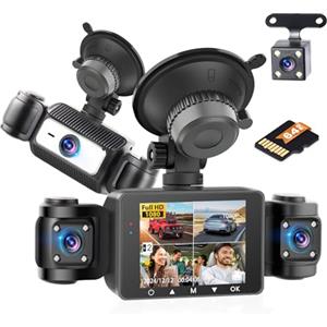 Hikity 4 Canali Dash Cam, 360° Dashcam FHD 1080P * 4 Anteriore Posteriore Interno Sinistro e Destro Registrazione Loop DVR G-Sensor Visione Notturna, Monitoraggio del Parcheggio, con Scheda SD da 64GB