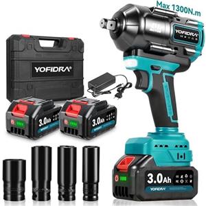 Yofidra Avvitatore a Impulsi a Batteria 1300Nm, 1/2" Chiave a Percussione con 2 Batterie da 3000mAh, 3 Velocità, Luce LED, Include 4 Bussole, Avvitatore Elettrico a Impulsi per Auto, Camion e Officine