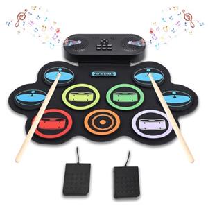 Yapasopu Kit di batteria elettronica Portatile con 9 Drum Pad,doppi altoparlanti stereo,Kit batteria arrotolabile con pedali e bacchette,supporto cuffie/Bluetooth/MIDI,Regalo per bambini principianti