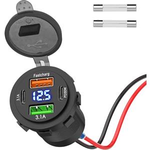 Qidoe 66 W Presa USB da 12V, Qidoe 4 Porte Dual PD e Dual Quick Charge 3.0 USB Caricabatteria Adattatore Impermeabile per Auto con Voltmetro Ricarica Rapida per iPhone, Barca, Camper, Camion, Moto