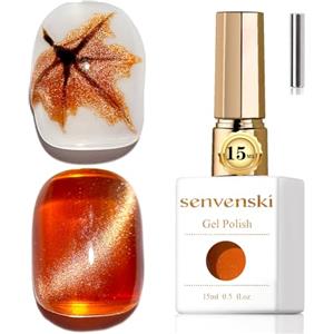 Senvenski Gelatina Vetro Cat Eye Smalto Semipermanente, 15ML Occhi di Gatto Magnetica per Gel Unghie Kit Olografico Glitterato Cristallo Smalti Unghie Salon Home DIY (Ambra, 0.5fl oz)
