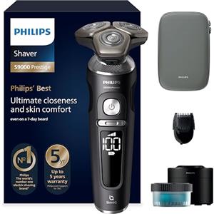 Philips Rasoio Serie 9000 Prestige, rasoio elettrico a secco e umido, nero opaco, sistema di rasatura Lift&Cut, tecnologia SkinIQ, regolabarba, base per pulizia, custodia (modello SP9840/31)