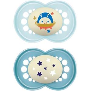 MAM Original Night Succhietto 16+ Mesi (Set da 2), Ciuccio MAM 16 36 mesi che si illumina al buio con tettarella in caucciù, Kit da 2 accessori neonato con porta ciuccio sterilizzatore, Azzurro/Blu