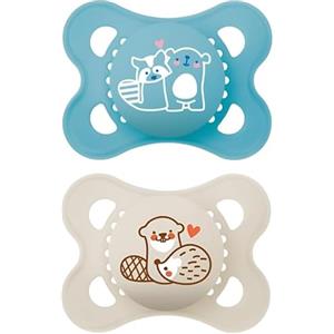 MAM Original Succhietto 2-6 Mesi (Set da 2), Ciuccio MAM 2-6 mesi con tettarella ortodontica in silicone, Kit da 2 accessori neonato con pratico porta ciuccio sterilizzatore, Azzurro/Neutro