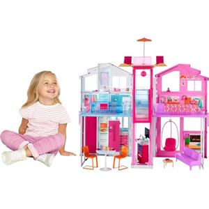 Barbie - La Casa a 3 piani, playset con ascensore e altalena, mobili e accessori inclusi, chiudibile per il trasporto, giocattolo per bambini, 3+ anni, DLY32