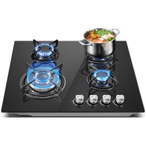 TopStrong Piano Cottura 4 Fuochi Gas, Piano Cottura Gas Vetro Incasso, Protezione Flame-Out, Gas Naturale/Propano, 8060W, Nero, 220-240V