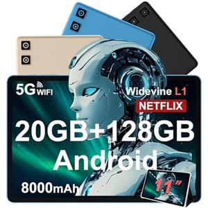 DMOAO Tablet 11 Pollici Android 14 con Widevine L1, 8000 mAh + Ricarica Rapida 18 W, 5MP+13MP, 20 GB RAM+128 GB ROM (Espandibile Fino a 1 TB), 5G Wi-Fi, GPS, Octa-Core 2.0 GHz, 1280*800, Face ID, USB-C, Oro