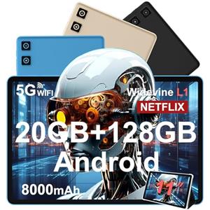 DMOAO Tablet 11 Pollici Android 14 con Widevine L1, 8000 mAh+Ricarica Rapida 18 W, 5MP+13MP, 20 GB RAM+128 GB ROM (Espandibile Fino a 1 TB), 5G Wi-Fi, GPS, Octa-Core 2.0 GHz, 1280*800, Face ID, USB-C, Blu