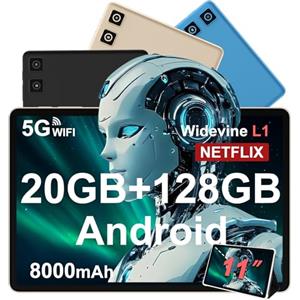 DMOAO Tablet 11 Pollici Android 14 con Widevine L1, 8000 mAh+Ricarica Rapida 18 W, 5MP+13MP, 20 GB RAM+128 GB ROM (Espandibile Fino a 1 TB), 5G Wi-Fi, GPS, Octa-Core 2.0 GHz, 1280*800, Face ID, USB-C, Nero