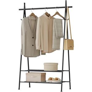 eSituro Stand Appendiabiti da Terra Moderno Scaffale Porta Abiti da Camera con Ganci e Scarpiera a 2 livelli, Attaccapanni Ingresso in Metallo Nero