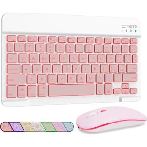 LAMA Retroilluminata Tastiera e Mouse Wireless, Tastiera Tablet Universale Ultra Sottile Ricaricabile, Tastiera Bluetooth Portatile per iPad/Tablet/iOS/Android/Windows/Laptop/Computer, Rosa
