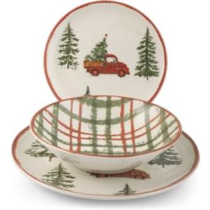 H&H Servizio Piatti Natalizio 12 Pezzi Adventure in Stoneware Decorato - Motivo Pini Innevati e Furgoncino Rosso - 4 Piani, 4 Fondi, 4 Frutta - Lavabile in Lavastoviglie e Adatto al Microonde