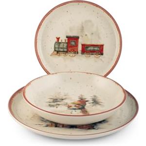 H&H Servizio Piatti Natalizio 18 Pezzi Santa Express in Stoneware - 6 Piani 26 cm, 6 Fondi 20,5 cm, 6 Frutta 20 cm - Lavabile in Lavastoviglie e Adatto al Microonde