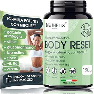Biothelix Brucia Grassi Potenti Veloci 120 cps. Drenante Forte Dimagrante con Garcinia Cambogia Glucomannano, Bromelina e Ribolife®+ Ebook Psico Reset