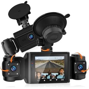 Techschermo Dash Cam Auto 3 Canali con Scheda 64GB - Dashcam Fronte Retro e Interno, Full HD 1080P, Visione Notturna, Parking Mode, Rilevamento Movimento, Mini Cam Auto, Rotazione Obiettivo