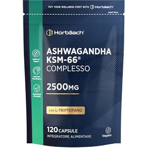 Horbäach Ashwagandha KSM-66 Complex 2500mg | 120 Capsule Vegane | con Triptofano + Vitamina B6 e B12 Alto Dosaggio | Estratto di Pepe Nero e Niacina | by Horbaach